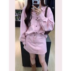 批发甜辣chic独特超好看小众别致粉色翻领<b class='q'>牛仔</b>外套套装女初春2025新款
