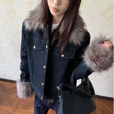 批发毛毛复古秋冬蓝色夹克2025保暖加绒加厚牛仔新款外套短款上衣高级