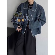 批发设计感简约宽肩短版翻领夹克2025<b class='q'>春</b>秋男女休闲廓形毛边牛仔外套潮