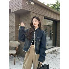 批发秋冬季加绒加厚复古立领斜扣牛仔外套女小个子深蓝色短款夹克上衣