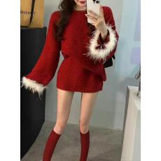 批发名媛千金韩版绝美毛毛袖拼接软糯毛衣节日新年红氛围感穿搭一整套