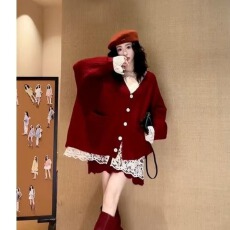 批发秋冬穿搭新款美式复古慵懒风红色针织毛衣巨好看气质半身裙套装女