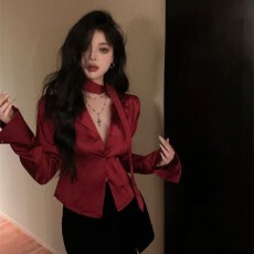批发红色<b class='q'>西装</b>领长袖衬衫女春季法式收腰修身休闲衬衣独特别致飘带上衣