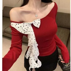 批发不规则波点韩版T恤荷叶边一字肩红色<b class='q'>小衫</b>女2025秋季打底衫上衣