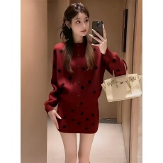 批发法式红色针织套装女新款秋冬穿搭波点上衣+半身裙百搭ins两件套