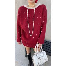 批发钉珠花边领宽松毛衣配半身高腰裙两件套女秋冬新款针织衫时尚套装