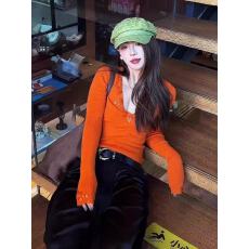 批发橘色内搭<b class='q'>V领</b>正肩chic上衣女2025春秋季新款修身短款打底长袖<b class='q'>t</b><b class='q'>恤</b>女