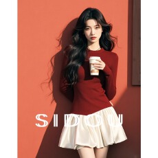 批发新年红色针织连衣裙女2025秋季新款拼接a字短裙时尚洋气女装裙子