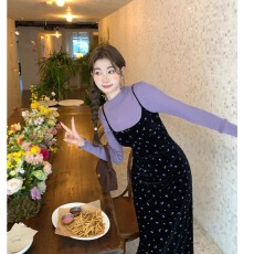 批发新中式国风EIA一尧恋综女友韩系碎花连衣裙女秋冬<b class='q'>丝绒</b>吊带裙