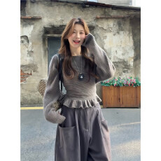 批发2025荷叶边收腰系带设计感羊驼绒<b class='q'>毛衣</b>女