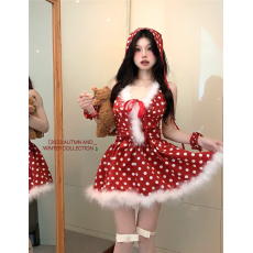 批发2025圣诞节四件套收腰玛丽莲梦露红色V领波点蓬蓬裙制服