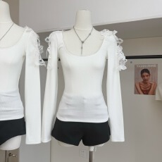 慕斯羊绒冬上新蕾丝拼接方领锁骨长袖上衣加绒打底衫