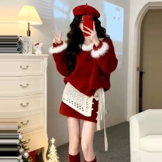 批发氛围感新年套<b class='q'>装</b>红色毛衣针织2025年短裙两件套女深冬穿搭一整套女