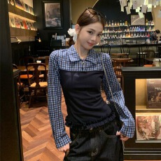 批发<b class='q'>全棉</b>格子藏蓝polo领假两件内搭打底衫女修身显瘦长袖t恤小上衣