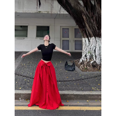 批发法式气质红色蝴蝶结绑带半身裙女装高腰宽松大摆长裙a字裙子