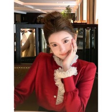 批发2025冬季新款本命年圣诞内搭叠穿缎面蕾丝拼接红色立领加绒<b class='q'>上衣</b>女