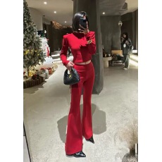 批发新年红色休闲套装<b class='q'>女</b>冬季加厚修身保暖短款长袖T恤微喇裤子两件套