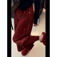 批发2025年秋季时尚遮胯简约红色灯芯绒百搭<b class='q'>长裤</b>宽松高腰阔腿裤<b class='q'>女</b>