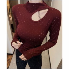 批发2025纯欲<b class='q'>镂空</b>挂脖上衣女秋冬半高领烫钻磨毛德绒打底<b class='q'>衫</b>内搭可外穿