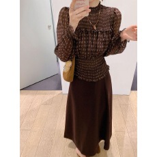 批发法式深棕色<b class='q'>雪纺</b>收腰喇叭袖慵懒松弛感穿搭上衣半身裙2025秋季套装