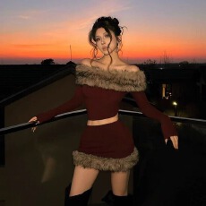 批发美式复古辣妹毛毛一字肩长袖上衣<b class='q'>气质</b>包臀裙新年套<b class='q'>装</b>秋冬新款女<b class='q'>装</b>