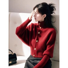 批发高级感复古新年红高领毛衣外套女2025秋冬新款慵懒风针织<b class='q'>开衫</b>外穿