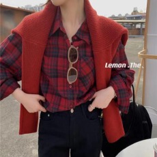 批发新款春秋法式红色<b class='q'>格子</b>衬衫复古港风上衣磨毛衬衣洋气修身衬衣女