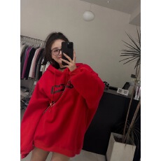 批发美式复古红色连帽卫衣女秋冬季加绒加厚宽松时尚百搭显白套头外套