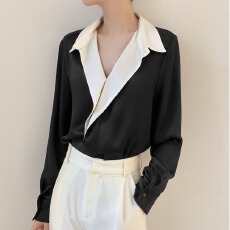批发西装气质缎面白色洋气感小众衬衫女衬衣设计黑白撞色<b class='q'>职业</b>新款上衣