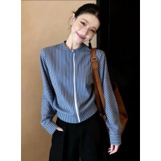 批发清新利落蓝色条纹衬衫立领拉链短款<b class='q'>韩版</b><b class='q'>长袖</b>通勤上衣2026春季女