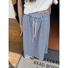 批发2026新款法式小众高腰<b class='q'>长裙</b>垂坠感格子撞色<b class='q'>拖地</b>抽绳宽松半身裙女