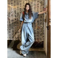批发蓝色韩系气质做旧复古牛仔<b class='q'>连体</b>裤女2026夏季新款一体式酷飒连<b class='q'>衣裤</b>