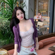 批发温柔甜美风修身紫碎花吊带背心女春夏季休闲长袖<b class='q'>开衫</b>显瘦百搭上衣
