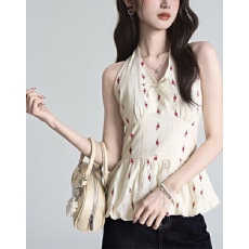 批发泰式碎花挂脖花苞V领吊带背心2026夏季外穿高级感美背韩版上衣