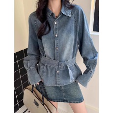 批发复古蓝色翻领牛仔衬衫外套女2026春洋气收腰腰带显瘦气质长袖上衣