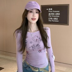 批发早春新款小众童趣绘画小马蝴蝶结打底<b class='q'>T</b><b class='q'>恤</b>女2026新款显瘦长袖上衣