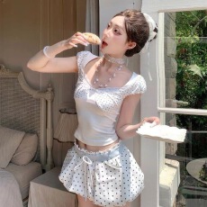 批发甜辣妹<b class='q'>修身</b>显瘦波点T恤上衣花苞半身裙夏季小个子纯欲风两件套装