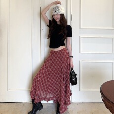 批发气质辣妹高腰显瘦格纹半身裙女夏季新款时尚不规则木耳边下摆<b class='q'>长裙</b>