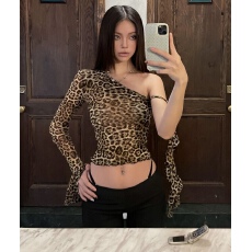 批发辣妹风性感豹纹<b class='q'>亮片</b>印花女荷叶边斜肩透视感吊带<b class='q'>背心</b><b class='q'>百</b>搭显瘦上衣