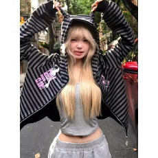批发美式y2k条纹连帽<b class='q'>卫衣</b>长袖女秋季甜酷风街头显瘦百搭开衫拉链<b class='q'>外套</b>