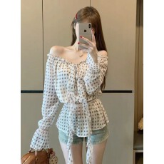 批发温柔复古波点一字肩喇叭袖衬衫秋季新款chic高级感收腰雪纺衫上<b class='q'>衣</b>