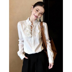 批发韩版立体<b class='q'>花朵</b>白色衬衫女春季款系带蝴蝶结花边领衬衣辣妹镂空上衣