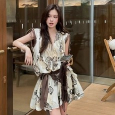 批发复古小众短款腰果花V领夏季无袖背心<b class='q'>连衣裙</b>宽松A字收腰通勤短裙子