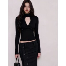 批发美式辣妹黑色镂空铆钉长袖T恤女秋季新款<b class='q'>修身</b>显瘦内搭打底衫上衣