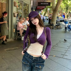 批发人棉260克<b class='q'>假两件</b>扭结设计感条纹长袖T恤撞色针织<b class='q'>上衣</b>