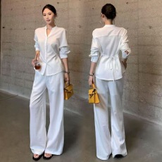 批发极简老钱风套装优雅时髦衬衫长袖显瘦<b class='q'>高腰</b>系带气质休闲裤两件装