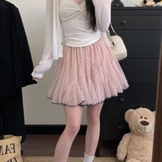 荷叶边波点网纱A字半身裙女2026夏季新款甜美高腰显瘦气质中裙ins