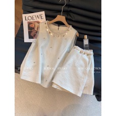 批发2026夏季新款<b class='q'>韩版</b>女小香风贝壳钉珠洋无袖衬衫+显瘦短裤两件套装