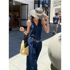 批发今年夏季流行新款韩系蓝色牛仔<b class='q'>连体裤女</b>复古工装一体式无袖连衣裤