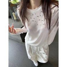 批发富贵狐重工镶钻白色长袖t恤女装韩系早秋薄款微透<b class='q'>宽松</b>上衣<b class='q'>打底衫</b>